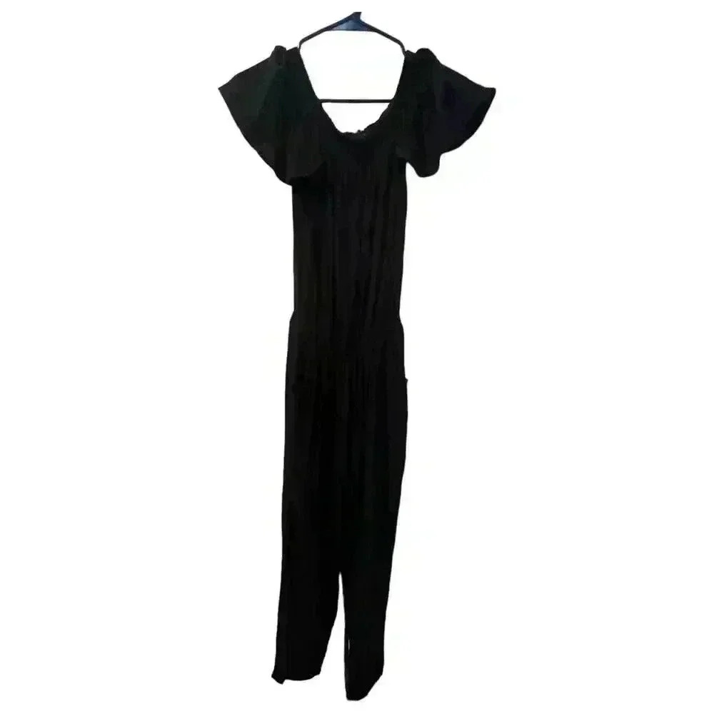 Beachgold Black Off-the-Shoulder Jumpsuit XS Short Sleeve Elastic Waist Pockets - Picture 2 of 7